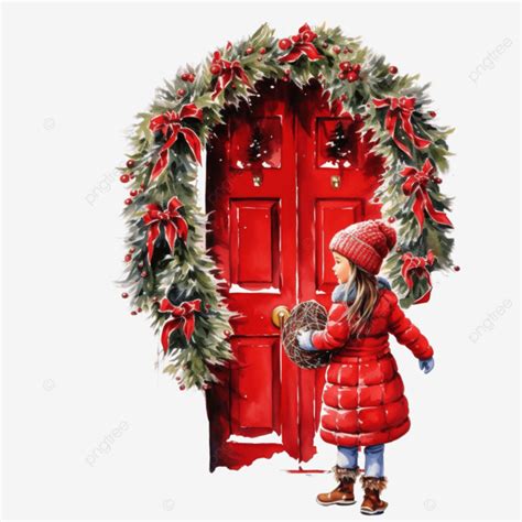 Garota De Casaco Vermelho Decora Uma Porta Guirlanda De Natal Png