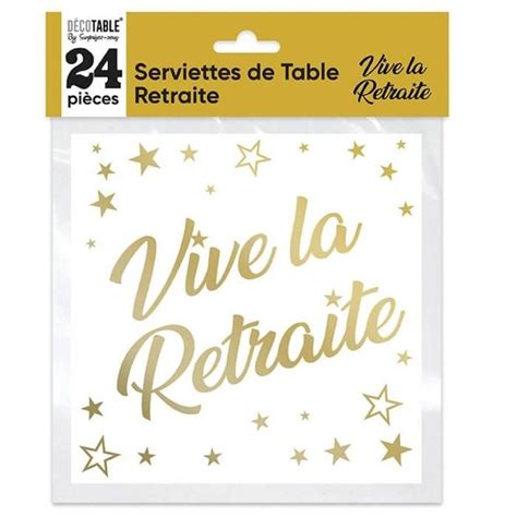 24 Serviettes de table vive la retraite en doré or métallique et blanc