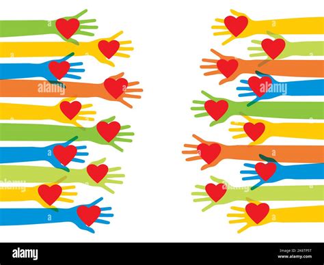 Hands of volunteers. Hands with heart in vector illustration. Charity, donation and volunteer ...