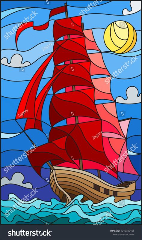 Illustration In Stained Glass Style With An Old Ship Sailing With Red