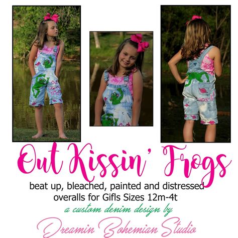 Unique Overalls Frog Shorts Hand Painted With Green Frogs And Pink