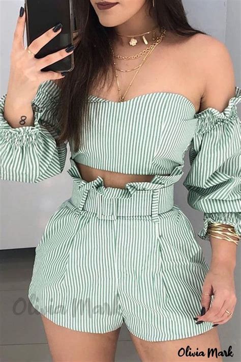 Olivia Mark Elegant Green One Shoulder Striped Two Piece Set A