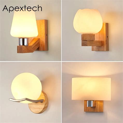 Apextech Oak Wood Wall Lamp Frosted Glass Shade Modern Nordic Indoor Decoration Lighting Fixture