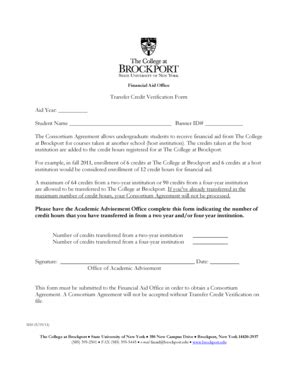 Fillable Online Brockport Transfer Credit Verification Form Aid Year