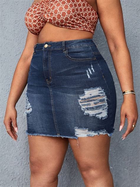 SHEIN SXY Plus High Waist Ripped Raw Cut Denim Skirt SHEIN USA