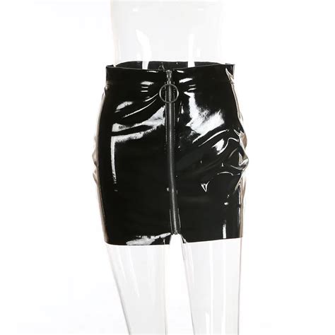 Fqlwl Faux Pvc Pu Leather Sexy Mini Skirt Women Metal Circle Zipper