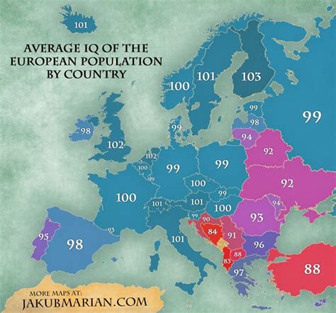 Average IQ in Europe by country (map) | Map, Average iq, Geography map