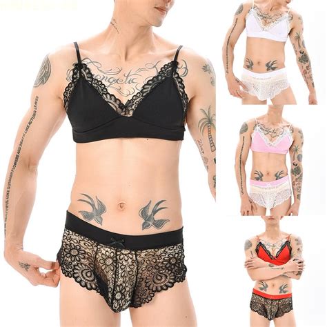 Kimi Sissy Mens Lingerie Set Lace Bra Top Mini Shorts G String Pouch