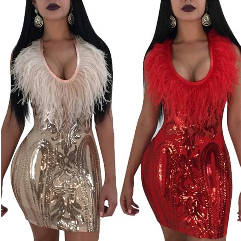 Women Sexy V Neck Feathers Sequins Package Hips Dresses Lady Night Club