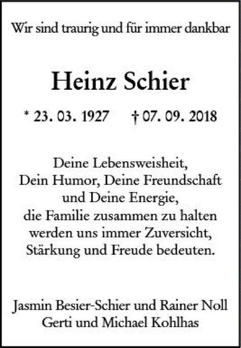 Traueranzeigen Von Heinz Schier Vrm Trauer De