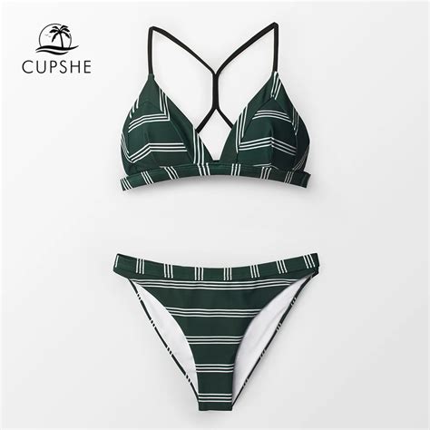 Cupshe Striped Teal Triangle Bikini Sets Women Sexy Triangle Two Pieces