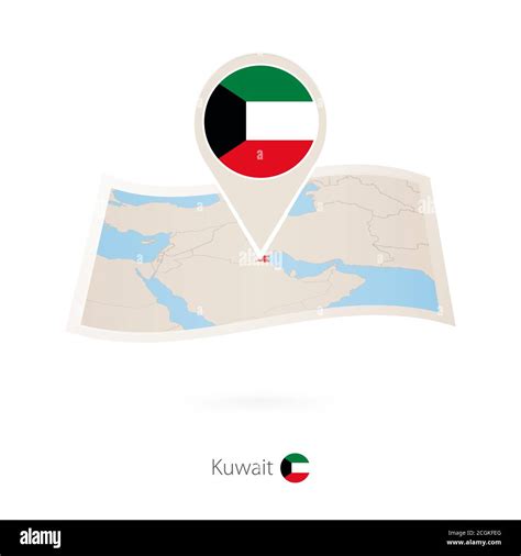 Folded Paper Map Of Kuwait With Flag Pin Of Kuwait Vector Illustration