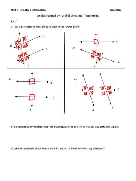 Angles Formed By Parallel Lines And Transversals Unit 1 Chapter Worksheets Library