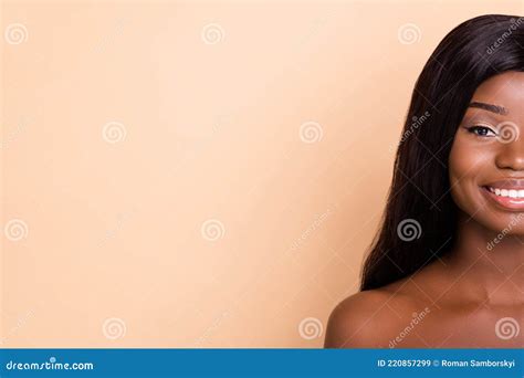 Cropped Photo Of Smiling Shiny Dark Skin Nude Woman Smiling Empty Space Isolated Beige Color