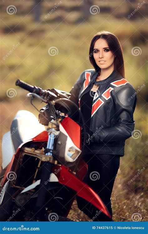 Female Motocross Racer Next To Her Motorcycle Stock Image Image Of