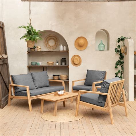 Salon De Jardin En Acacia Places Gili Coussins Gris