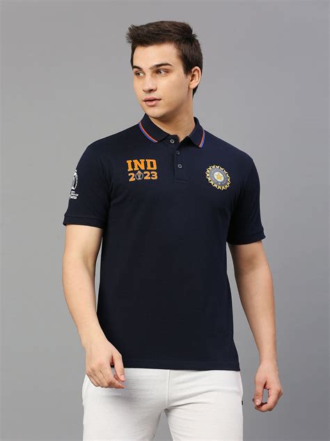 Buy Official Icc Cwc Men Navy Blue Solid Short Sleeves Polo Collar T