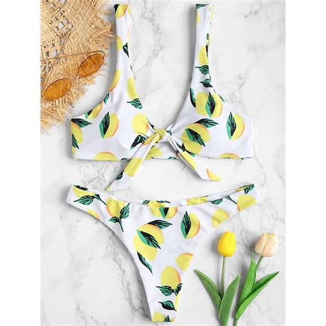 Zaful Lemon Print Padded Bikini Set Bow Tie Women Swimsuit Padded