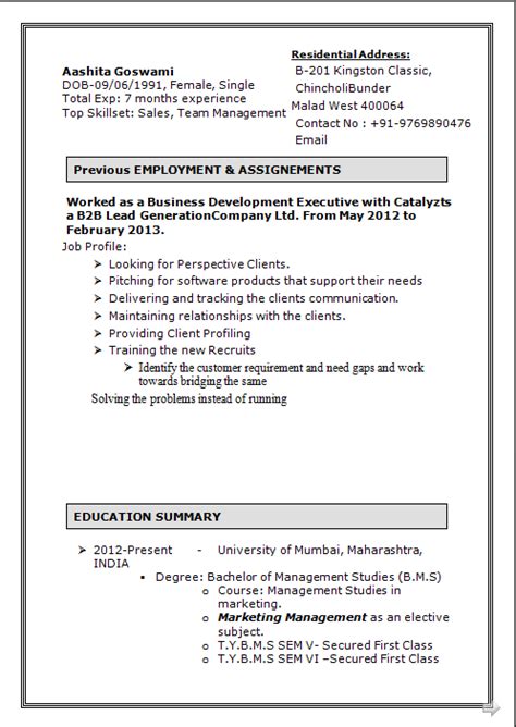 Dynamic Resume Good Cv Formats Free B M S