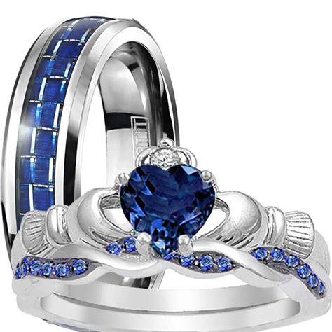 His And Hers 3 Piece Trio Sterling Silver Blue Titanium Wedding Band