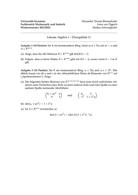 Blatt 12 Übungsaufgaben zur Vorlesung Übung Lineare Algebra I Studocu