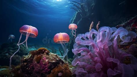 Enchanting Underwater World Vibrant Coral And Graceful Jellyfish Stock