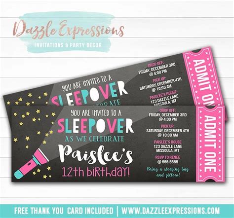 Sleepover Chalkboard Ticket Invitation 1 Free Thank You Card