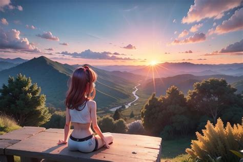 Una Mujer Se Sienta En Una Mesa De Picnic Mirando La Puesta De Sol