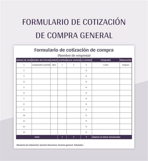 Plantilla de Excel Formulario De Cotización De Compra General y Hoja de