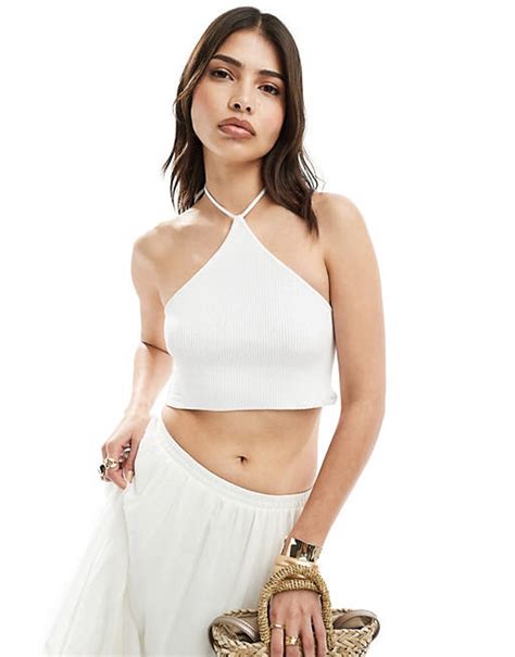 Asos Design Knitted Halter Neck Top In White Asos