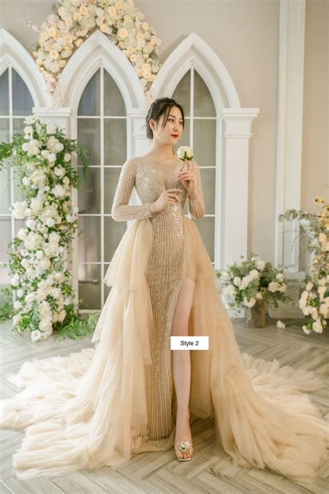 Nude Gold Beige Beaded Bodice Split Thigh Trumpet Wedding Evening Dress With Glitter Tulle And