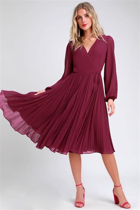 First Impression Magenta Pleated Midi Wrap Dress Dressy Fall Dresses