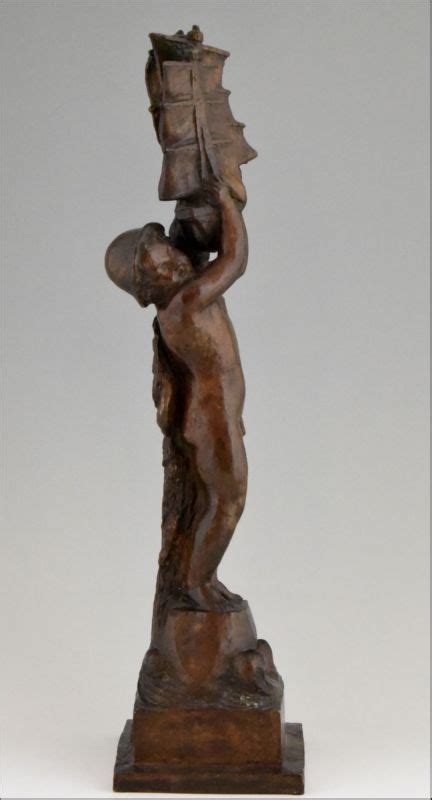 Art Deco Bronze Sculpture Nude Boy With Boat By Henri Raphael Moncassin