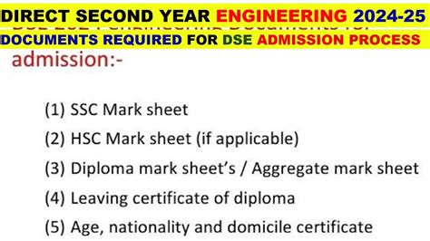 Direct Second Year Engineering Admission Document Required