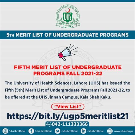 UHS Fifth Merit List Of Undergraduate Programs Fall 2021 22