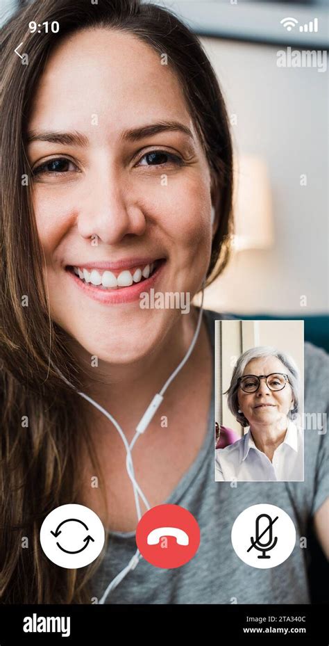 Senior Mother And Daughter Talking On Video Call Pov Screen Of Online Conference On Mobile