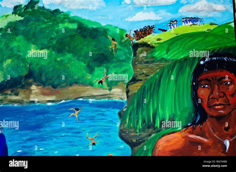 Painting of Carib Indians jumping from cliff at Carib's Leap, Grenada Stock Photo, Royalty Free ...