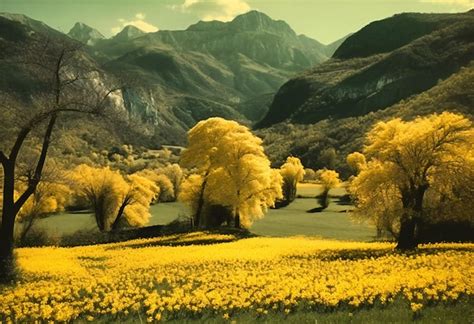 Uma imagem de um campo e montanhas árvores e flores amarelas Foto