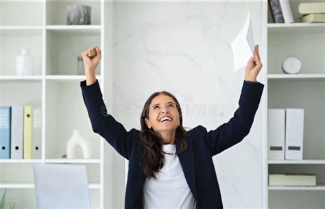 Super Happy Mature Woman Executive Raising Hands Up Stock Image Image