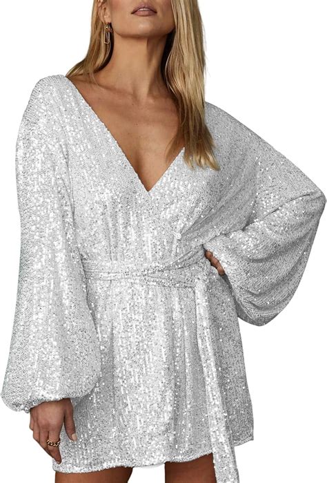 Gzhlonkima Sexy Sparkly Sequin Party Dress For Women Wrap V Neck Long