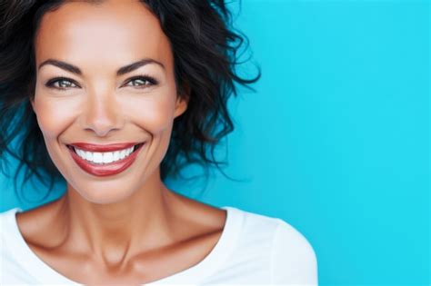 Mujer De Mediana Edad Sonriendo Y Con Una Camiseta Blanca Sobre Un