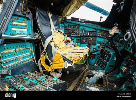 Close-up of some instruments in a helicopter cockpit in Mi-24. The Mil Mi-24 is a large ...