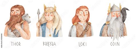 Norse Mythology Gods And Goddess Thor Freya Loki Odin Watercolor Hand Drawn Illustration