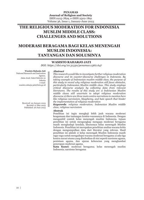 Pdf The Religious Moderation For Indonesia Muslim Middle Class