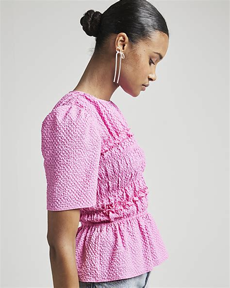 Pink Shirred Peplum Top River Island