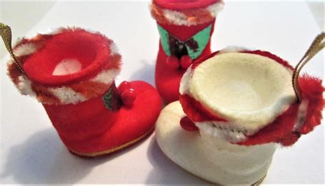 Flocked Santa Boot Ornaments Set Of 3 60s Santa Boots Etsy