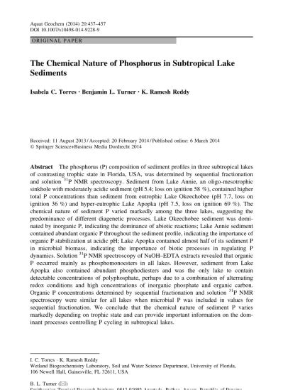 The Chemical Nature Of Phosphorus In Subtropical Lake Sediments