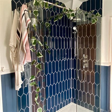 Nicola S Bold Bathroom Features Our Navy Pickett Tiles Walls And Floors