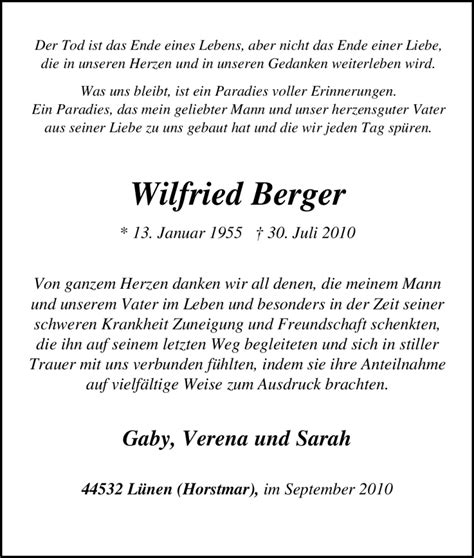 Trauer Und Todesanzeigen Von Wilfried Berger Trauer De