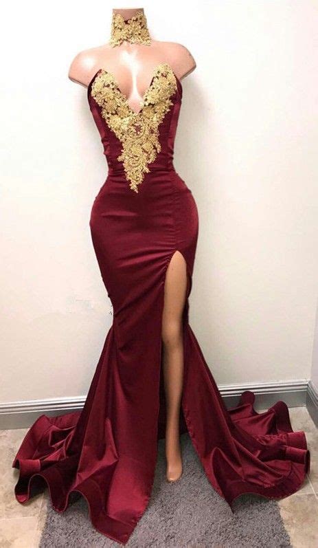 Gorgeous Burgundy Mermaid Prom Dresses Gold Lace Appliques Side Slit